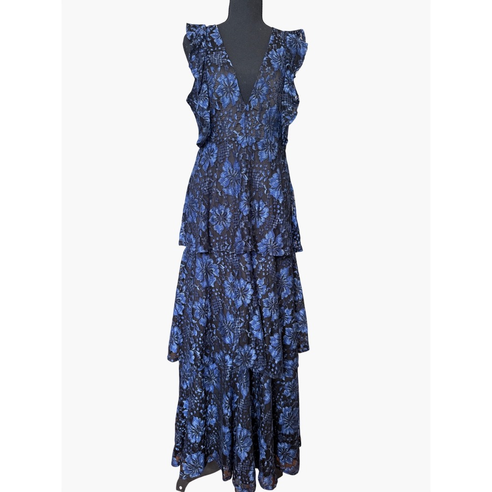 Lulus‎ Women's Blue Floral Lace Tiered Maxi Dress Size M Romantic Prom Gothic